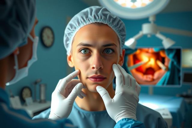 In a medical setting, with doctors wearing surgical attire including gloves and gowns, a young male patient is receiving care. He's seated on an examination table in front of a doctor holding his face still for a procedure. The scene has an atmosphere of precision and care, emphasizing the importance of medical expertise.