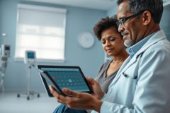 Doctor and patient reviewing medical data on a tablet in a bright, modern healthcare setting. Blue walls, medical equipment visible. Focus on consultation and digital health technology.
