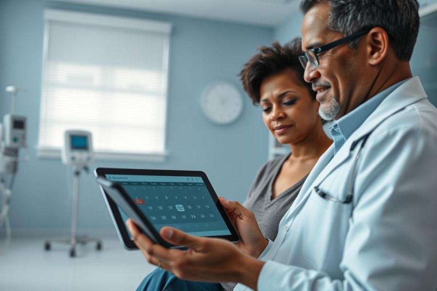 Doctor and patient reviewing medical data on a tablet in a bright, modern healthcare setting. Blue walls, medical equipment visible. Focus on consultation and digital health technology.