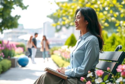 The image features a woman seated on a park bench, appearing to be reading or writing in a notebook. She is wearing casual business attire and has her hair styled in an updo. The park setting includes well-maintained gardens with flowers, trees, and a walkway where other people can be seen walking. The overall atmosphere of the image suggests a serene day outdoors, possibly during a work break or personal reflection.
