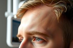 Close-up of a person's face, focusing on their eye. Warm lighting highlights skin tones. Minimalist background with subtle, blurred shapes. Portrait photography, natural light, beauty, detail.