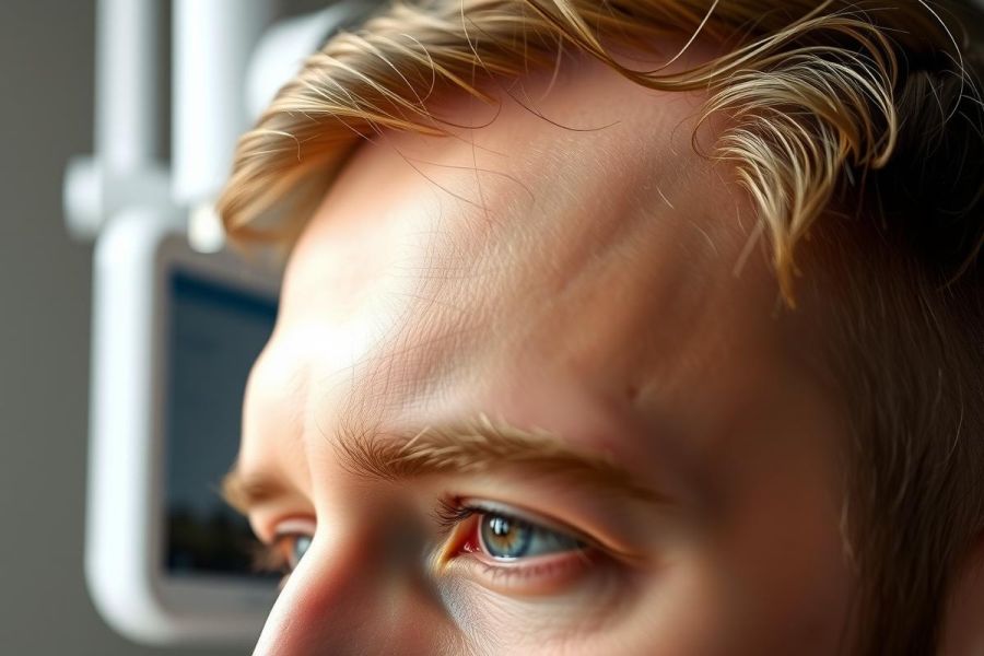 Close-up of a person's face, focusing on their eye. Warm lighting highlights skin tones. Minimalist background with subtle, blurred shapes. Portrait photography, natural light, beauty, detail.