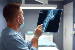 Doctor examining an X-ray of a broken leg in a hospital setting. Medical professional wearing gloves and a mask, reviewing the patient's injury on film. Healthcare and diagnostic imagery.