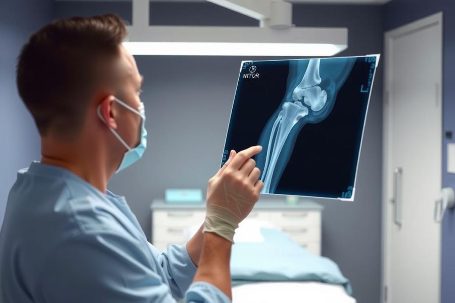Doctor examining an X-ray of a broken leg in a hospital setting. Medical professional wearing gloves and a mask, reviewing the patient's injury on film. Healthcare and diagnostic imagery.