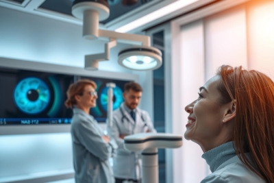 The image depicts a modern medical setting with three individuals wearing white lab coats. They are standing around a patient who is seated, looking ahead as the professionals observe. The environment is well-lit and features advanced technology including a large eye scan machine that occupies a significant portion of the background, suggesting a focus on ophthalmological procedures or diagnostics.