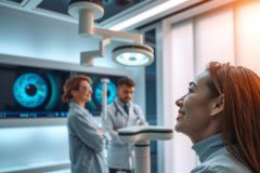 The image depicts a modern medical setting with three individuals wearing white lab coats. They are standing around a patient who is seated, looking ahead as the professionals observe. The environment is well-lit and features advanced technology including a large eye scan machine that occupies a significant portion of the background, suggesting a focus on ophthalmological procedures or diagnostics.