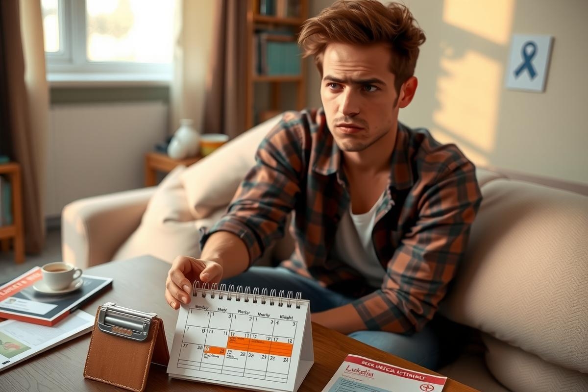 In the image, a young man is seated on a couch in a room with a cozy ambiance. He appears to be examining or setting a calendar for a particular month, possibly in anticipation of an event or appointment. The room has a homely feel, featuring a bookshelf and various household items scattered around. The colors are muted and the scene gives off a calm and reflective vibe.