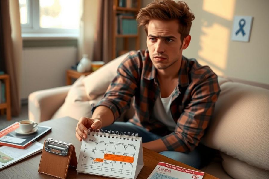 In the image, a young man is seated on a couch in a room with a cozy ambiance. He appears to be examining or setting a calendar for a particular month, possibly in anticipation of an event or appointment. The room has a homely feel, featuring a bookshelf and various household items scattered around. The colors are muted and the scene gives off a calm and reflective vibe.