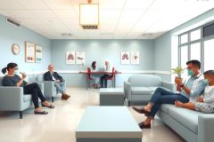 The image shows an interior office space with a group of professionals sitting and conversing. There is a reception area with couches, chairs, and a large window allowing natural light to flood the room. The walls are painted in pastel colors with framed artwork or informational posters. On one wall, there's a clock indicating it might be a medical office given the context provided. There is no text visible in the image.