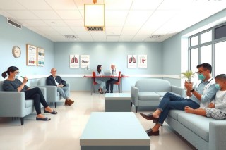 The image shows an interior office space with a group of professionals sitting and conversing. There is a reception area with couches, chairs, and a large window allowing natural light to flood the room. The walls are painted in pastel colors with framed artwork or informational posters. On one wall, there's a clock indicating it might be a medical office given the context provided. There is no text visible in the image.