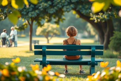 The image depicts a woman sitting on a green park bench under the shade of trees. The atmosphere is peaceful, with fall leaves scattered around and sunlight streaming through them, creating a warm and inviting setting.