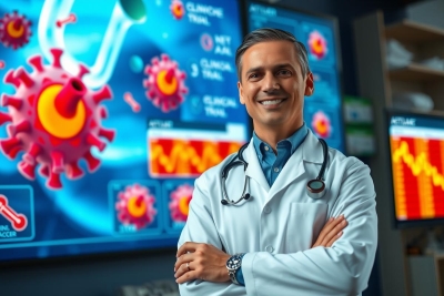 The image shows a man standing in front of a large screen displaying various graphs and charts, possibly related to medical data or scientific analysis. The environment suggests a modern, technologically advanced setting, indicated by the presence of multiple screens with real-time information.