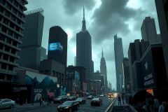 The image captures a bustling scene in Times Square, New York City. The cityscape is filled with towering buildings and large billboards that are characteristic of this famous landmark. 