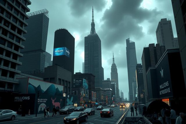 The image captures a bustling scene in Times Square, New York City. The cityscape is filled with towering buildings and large billboards that are characteristic of this famous landmark. 