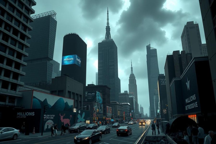 The image captures a bustling scene in Times Square, New York City. The cityscape is filled with towering buildings and large billboards that are characteristic of this famous landmark.