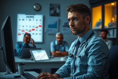 A male doctor, dressed in a white shirt and stethoscope, sits focused at his desk with a computer monitor displaying medical charts. The office environment is modern and well-equipped, suggesting a high level of professionalism.