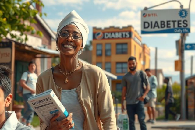 The image depicts a woman walking down the street. She's wearing casual clothes and holding a book titled "DIABETES." In the background is a building with a sign reading "Diabetes." The setting evokes an urban setting, with a diverse range of pedestrians in view.
