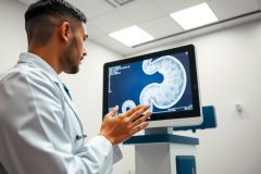 Doctor examining a patient's abdominal CT scan on a medical display. The image showcases diagnostic imaging technology in a clinical setting, focusing on health and medical diagnostics.