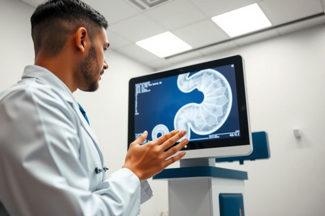 Doctor examining a patient's abdominal CT scan on a medical display. The image showcases diagnostic imaging technology in a clinical setting, focusing on health and medical diagnostics.