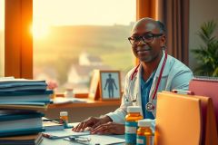 A man, a doctor with a friendly smile on his face, is sitting at a desk in an office. He wears glasses and a lab coat, indicating his professional role. The room has bright sunlight coming through the window which suggests it's morning or daytime. 