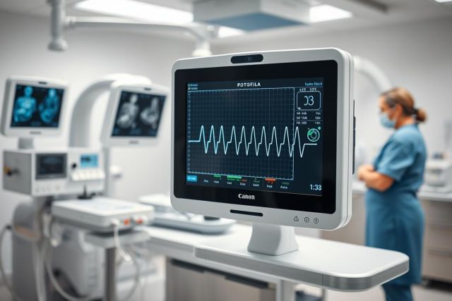 Medical imaging display showcasing a heartbeat waveform in a modern hospital setting. Blue and white color palette, featuring medical equipment and a healthcare worker in scrubs. Focus on diagnostic technology and patient monitoring.