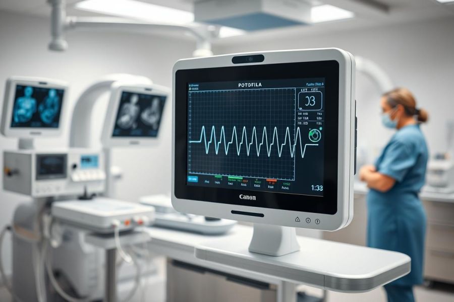 Medical imaging display showcasing a heartbeat waveform in a modern hospital setting. Blue and white color palette, featuring medical equipment and a healthcare worker in scrubs. Focus on diagnostic technology and patient monitoring.