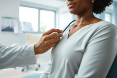 Doctor examining a patient with a stethoscope in a bright, modern clinic. Healthcare checkup, medical consultation, and wellness concept. Focus on patient care and diagnostic assessment featuring a diverse individual and professional medical setting with soft, neutral tones.