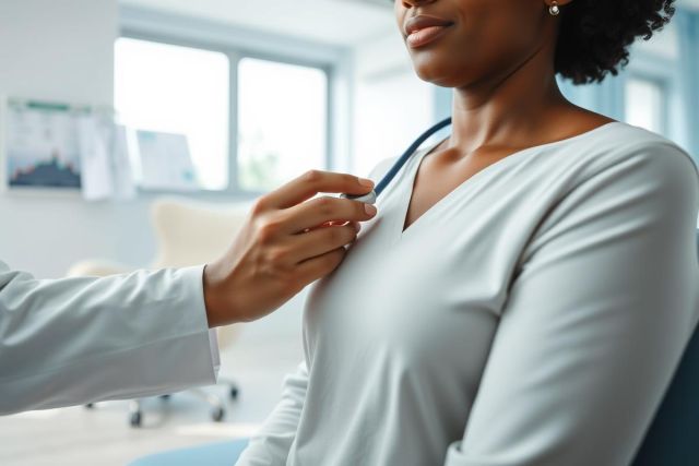 Doctor examining a patient with a stethoscope in a bright, modern clinic. Healthcare checkup, medical consultation, and wellness concept. Focus on patient care and diagnostic assessment featuring a diverse individual and professional medical setting with soft, neutral tones.