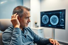 Concerned man sits in a modern office reviewing medical scans on a screen, likely brain MRI. Blue and grey tones dominate the setting, suggesting a clinical or diagnostic context. Focus on health, diagnosis, and medical imaging.