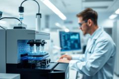Scientist working in a modern lab with advanced microscopy equipment. Blue lighting illuminates the sample slides. Focus on research, science, and laboratory technology. Clean, white environment with a man in a lab coat operating the device.