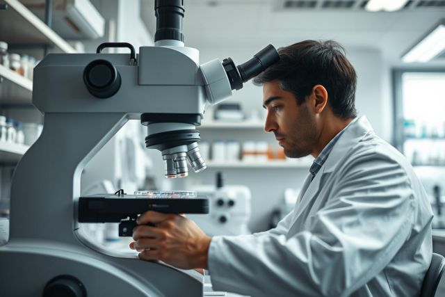 Scientist using a microscope in a modern laboratory. The image features a man in a white lab coat, focused on research with scientific equipment. Clean, bright environment with shelves of supplies. Science, research, laboratory, microscopy, healthcare, biology.