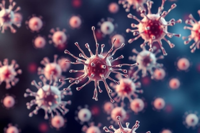 The image depicts a vibrant display of small virus particles, each resembling the head of a bacterium with multiple rods. The background is blurred to emphasize the virus particles in the foreground, which are colored pink and purple.
