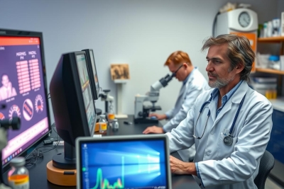 In a modern hospital setting, a group of doctors in white coats are seated at workstations. They are attentively monitoring screens that display medical data and images, likely analyzing patient information or conducting research.