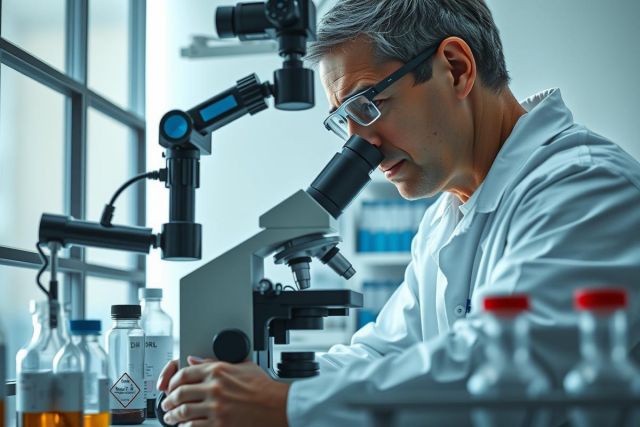 Scientist examining a sample under a microscope in a lab. Focus on research, biology, chemistry, and scientific discovery. Wearing a white lab coat and glasses.