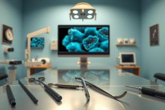Surgical instruments on a stainless steel table in a brightly lit operating room. Blue and silver tones dominate the scene, suggesting a medical or scientific context. Close-up view.