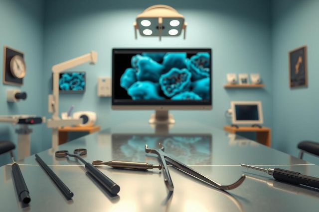 Surgical instruments on a stainless steel table in a brightly lit operating room. Blue and silver tones dominate the scene, suggesting a medical or scientific context. Close-up view.