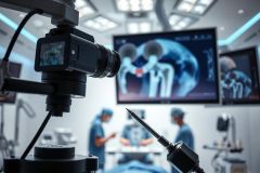 Surgical procedure in a modern operating room. Doctors in blue scrubs perform a hip replacement with advanced technology displayed on a screen. Focus on surgical tools and medical equipment, showcasing precision and healthcare innovation. Bright, sterile environment with blue and white tones.