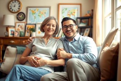 A man and woman sitting together on a couch. The woman is smiling, wearing a grey cardigan, while the man has glasses and a blue shirt, both are looking at the camera. They appear to be of an older age enjoying each other's company in a cozy home environment with framed pictures on the wall behind them.