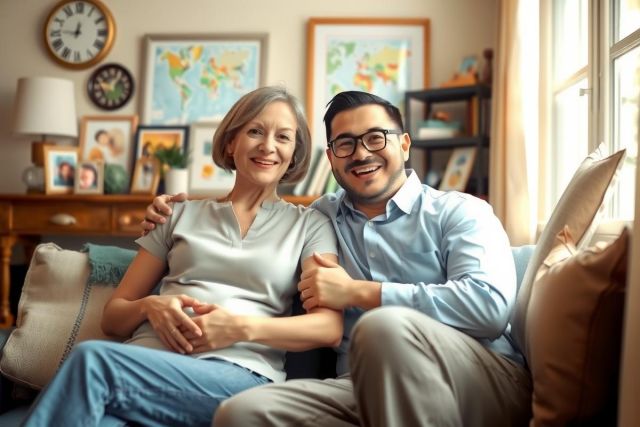A man and woman sitting together on a couch. The woman is smiling, wearing a grey cardigan, while the man has glasses and a blue shirt, both are looking at the camera. They appear to be of an older age enjoying each other's company in a cozy home environment with framed pictures on the wall behind them.