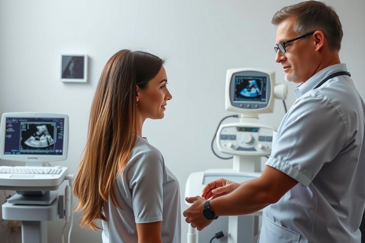 In the image, a female medical professional and a male doctor are engaged in conversation. The environment appears to be an obstetrics or maternity unit, as indicated by the presence of hospital equipment such as monitors and ultrasound machines. The color palette is predominantly sterile whites and greys, reflecting the clinical setting. Both individuals are dressed in medical attire, suggesting they are healthcare professionals engaged in patient care or consultation.