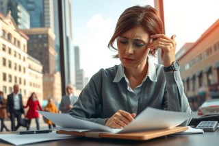 The image shows a woman seated at her office desk, engrossed in her work. She appears to be writing or taking notes on paper spread out on the table. Blurred figures in the background indicate other people working nearby, adding to the sense of a busy workplace.