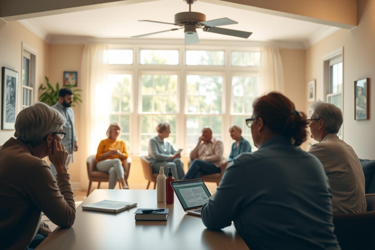 A group of people gathered in a conference room. They are engaged in conversation, sitting on chairs around a table. The setting is bright and airy with natural light streaming through large windows.