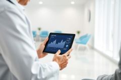 Doctor reviewing patient data on a tablet in a modern, bright waiting room. Healthcare professional analyzing graphs and charts, showcasing digital health technology and medical consultation. Blue and white color palette, clinical setting.