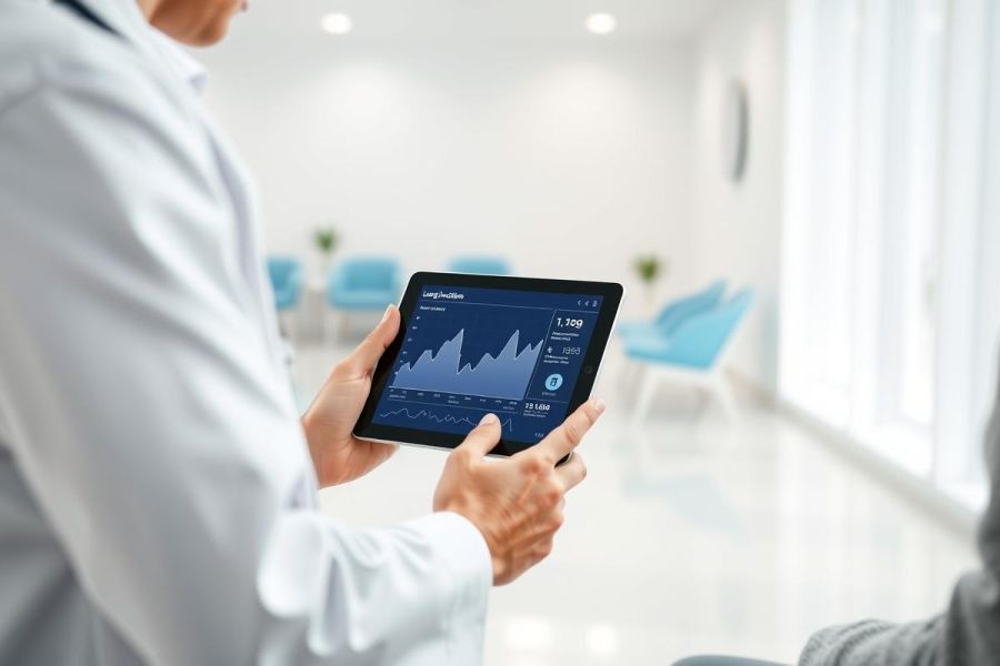 Doctor reviewing patient data on a tablet in a modern, bright waiting room. Healthcare professional analyzing graphs and charts, showcasing digital health technology and medical consultation. Blue and white color palette, clinical setting.