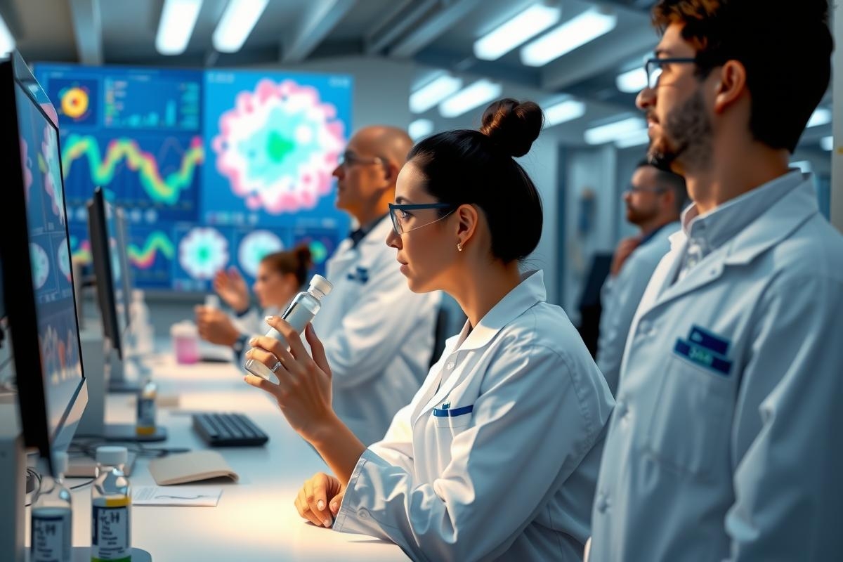Scientists working in a modern, well-equipped lab. They are dressed in lab coats and conducting research on a high-tech computer system.