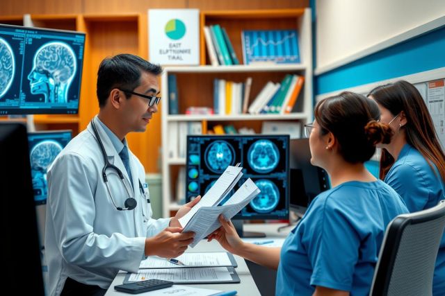 The image depicts a professional medical setting with a doctor and two nurses. The doctor, standing at the center of the frame, is handing over papers to one of the nurses who is seated at a desk.