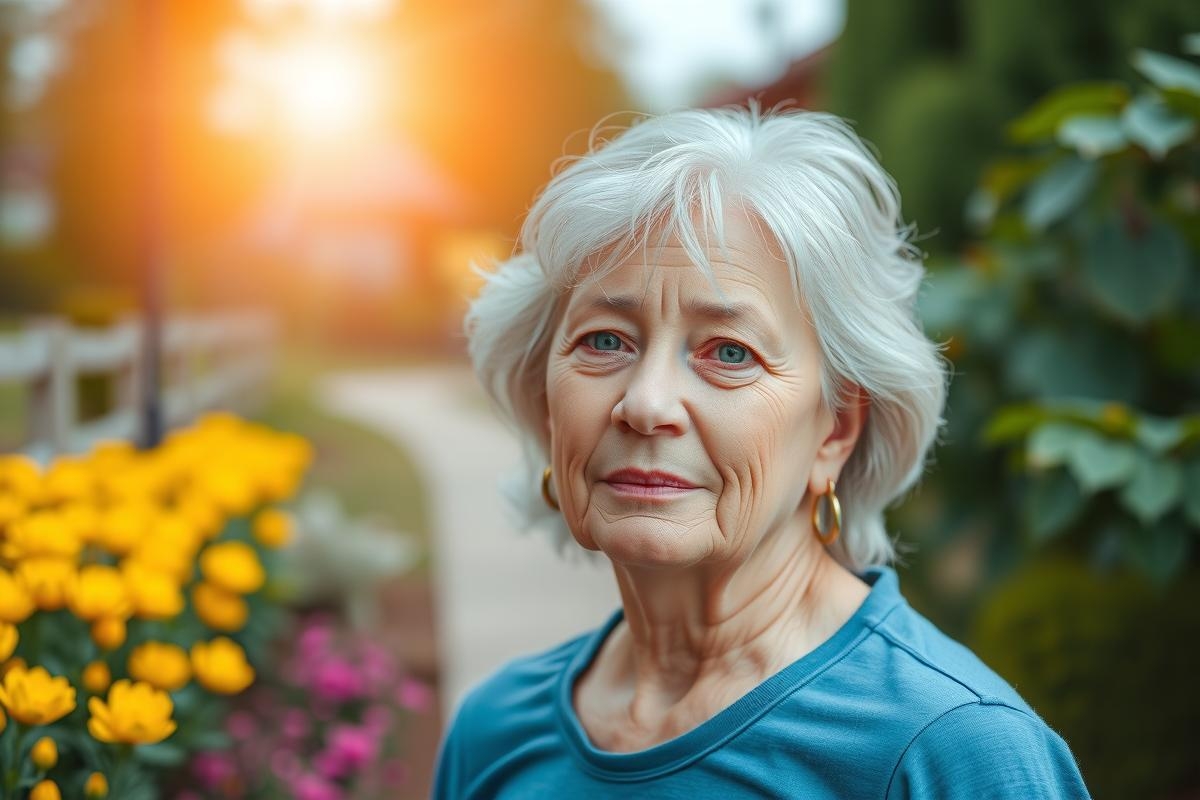 The image features an elderly woman standing in a garden during what appears to be either sunrise or sunset, given the warm lighting. She is wearing a blue top and has her hair pulled back.