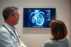 Doctor discussing a patient's chest X-ray scan in a medical clinic. The image displays a blue and white lung and heart scan on a screen, with a healthcare professional and patient visible in a consultation setting. Focus on medical diagnostics and patient care.