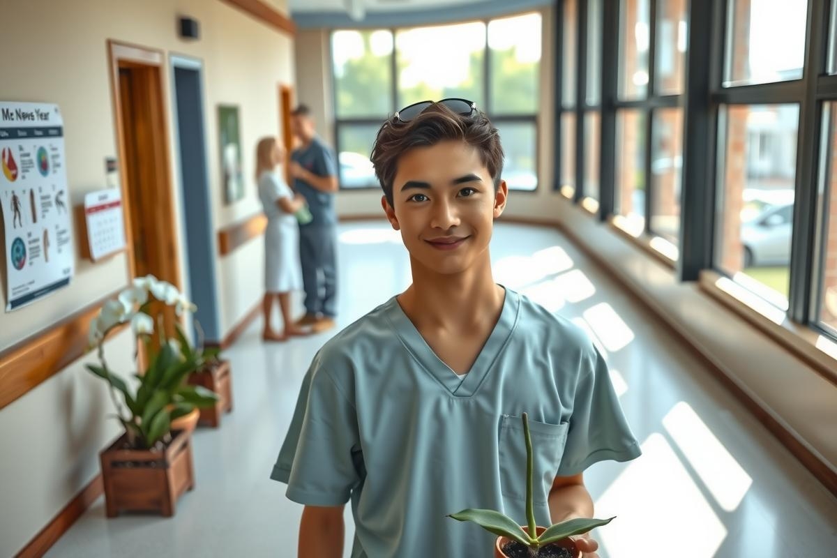 The image shows a young male medical professional wearing scrubs and sunglasses, smiling at the camera. He is standing in an interior hospital setting with other people in the background, suggesting a casual moment captured in a busy healthcare environment.