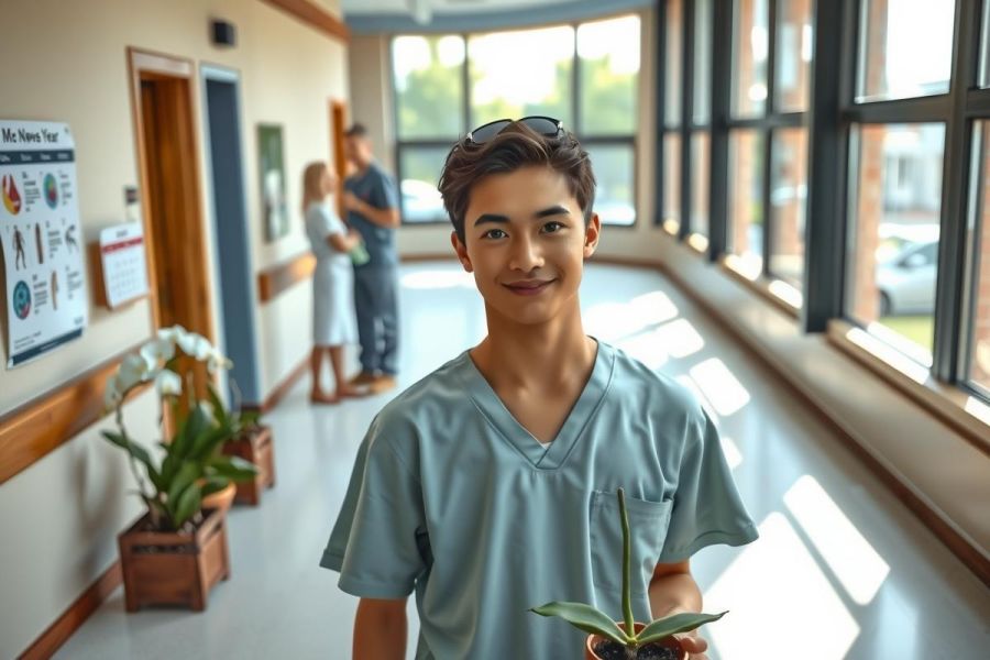 The image shows a young male medical professional wearing scrubs and sunglasses, smiling at the camera. He is standing in an interior hospital setting with other people in the background, suggesting a casual moment captured in a busy healthcare environment.